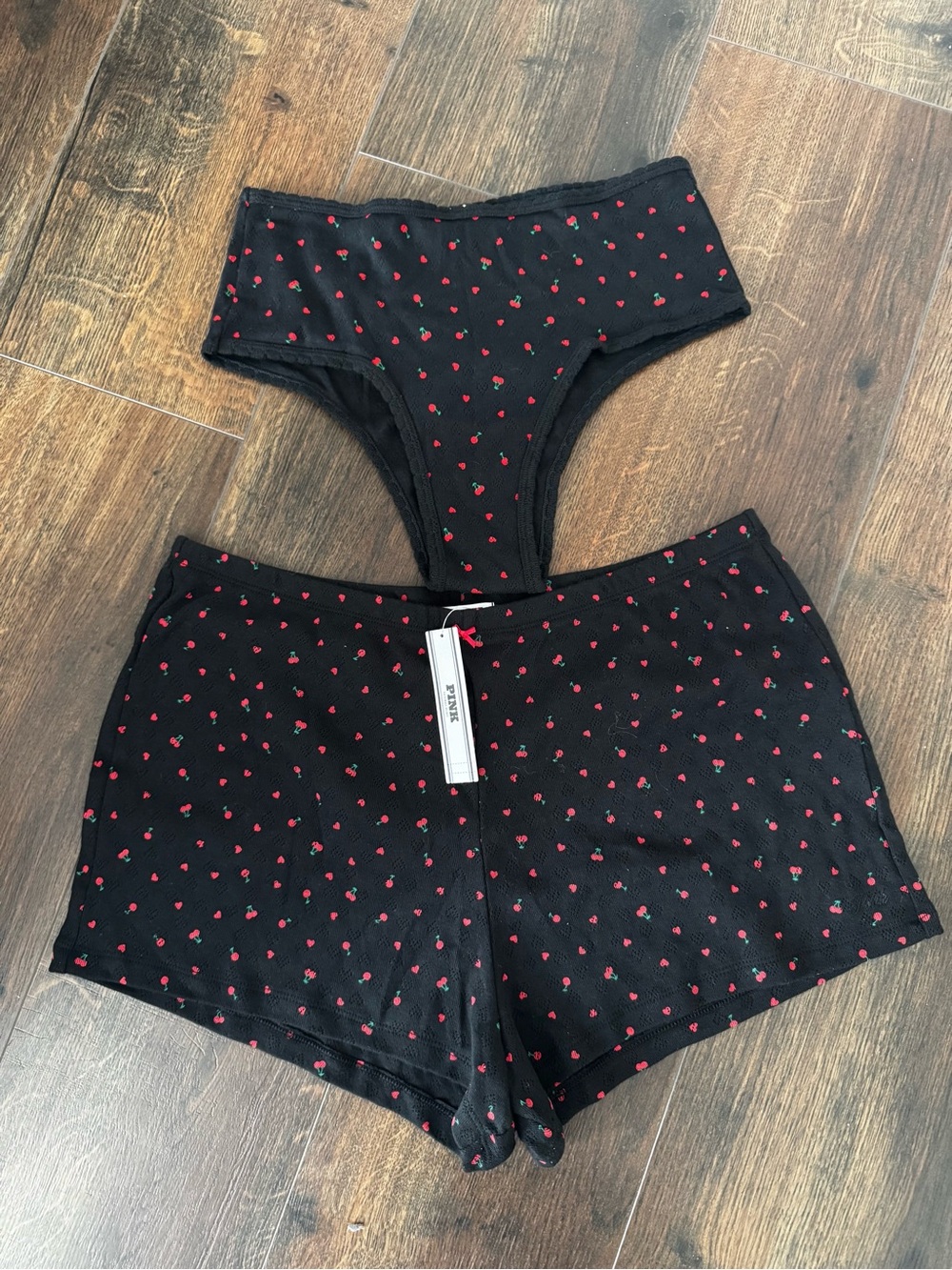 Black Lingerie Set with Red Cherry Print